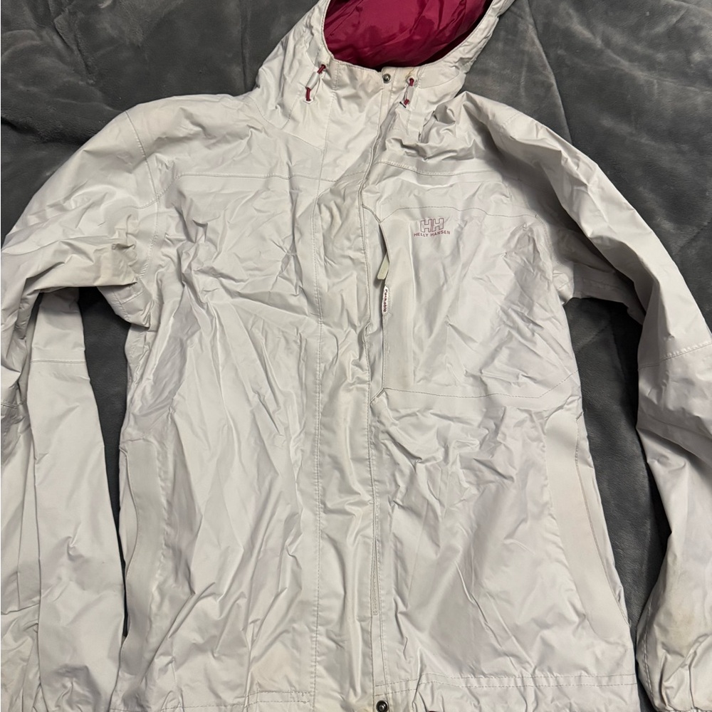 Helly Hansen Women's White Ski Jacket with Pink Hood